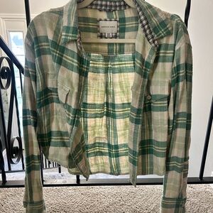 American Eagle Outfitters Green and Cream Plaid Shirt Jacket